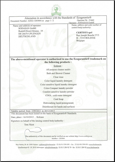 certificate ecogarantee 2013